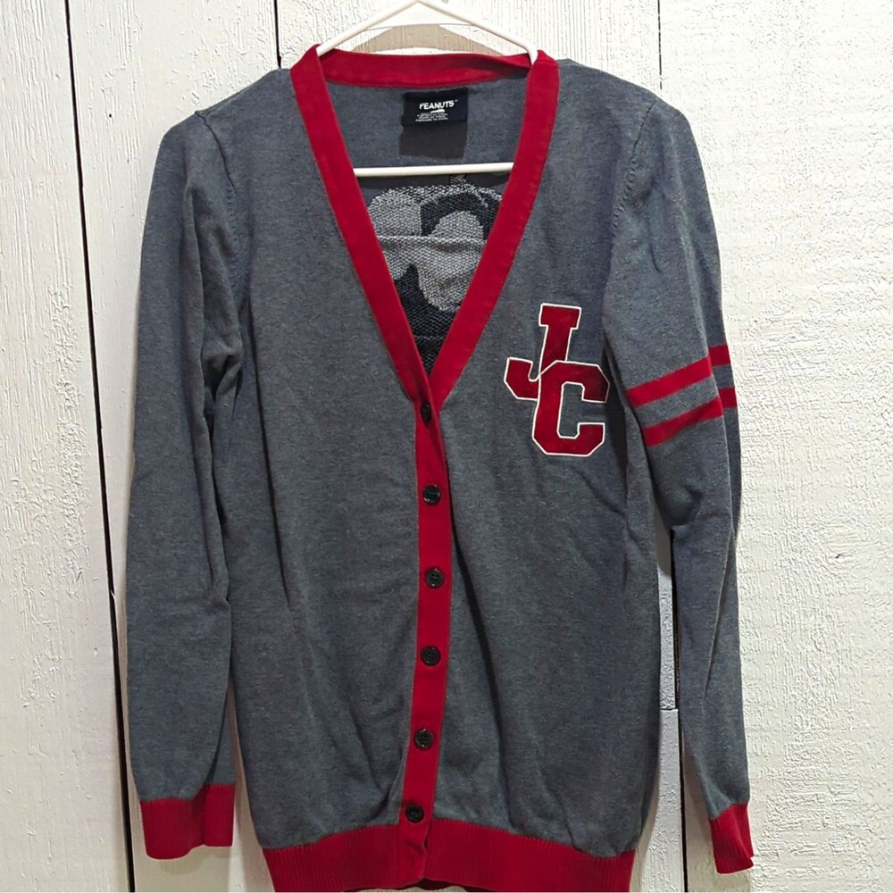 Peanuts Women's Snoopy Joe Cool Gray/Red V-Neck Button Cardigan Sweater L